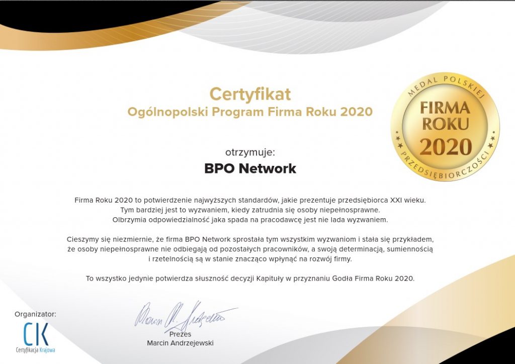 certyfikat firma roku 2020
